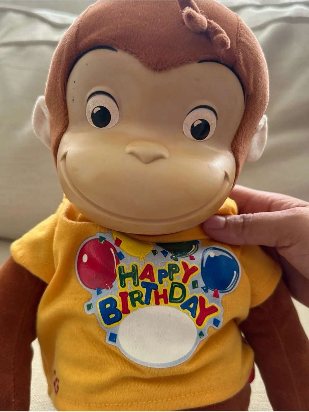 Curious Monkey Plush Toy in Brown with Yellow 'Happy Birthday' Shirt